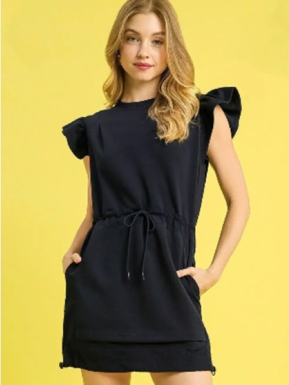 Umgee Navy Ruffle Sleeve Drawstring Mini Dress